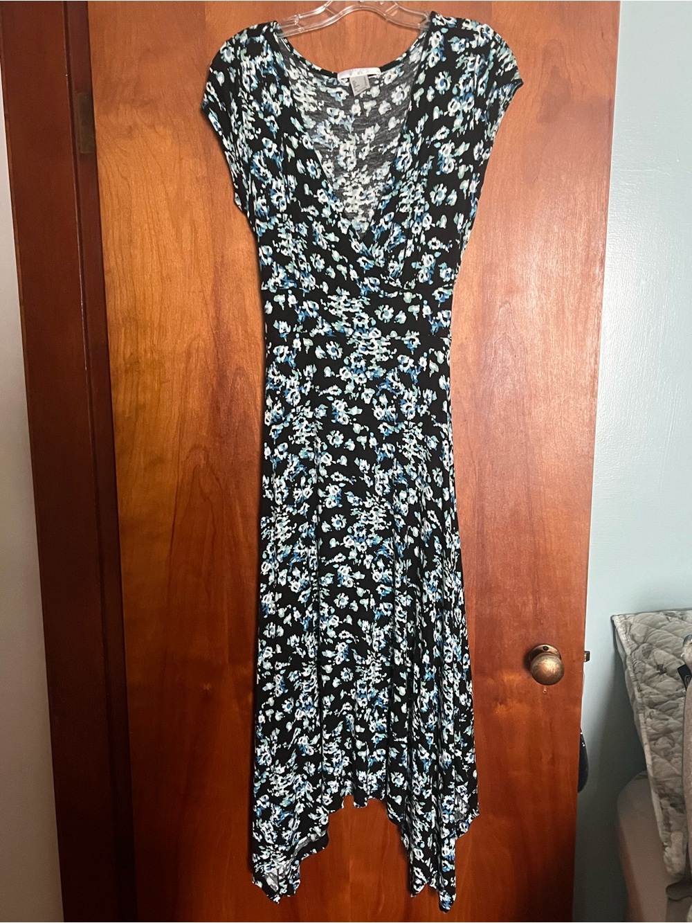 VENUS Black Dress with Light Blue Floral V-Neck Handkerchief Hem